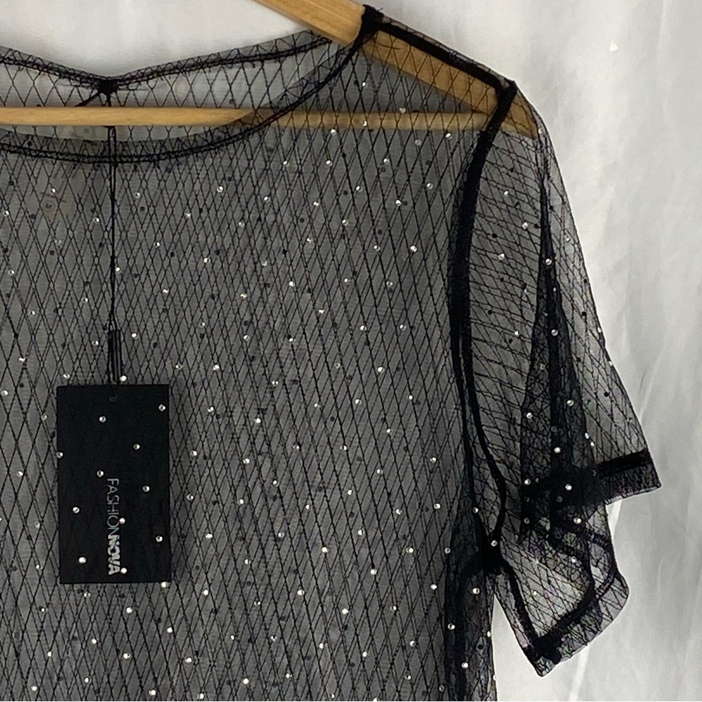 Fashion Nova Black Sheer Short Sleeve Dress with Silver Accents Size Medium - Picture 3 of 16